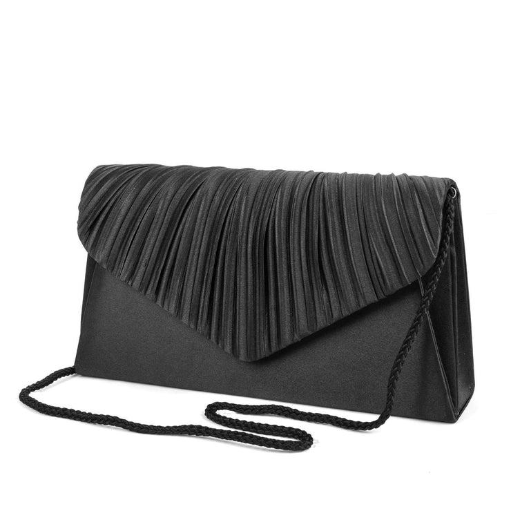 Pleated V-Flap Satin Clutch - Black - Front