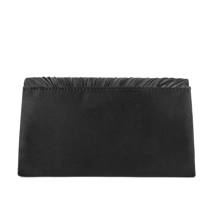 Pleated V-Flap Satin Clutch - Black - Back