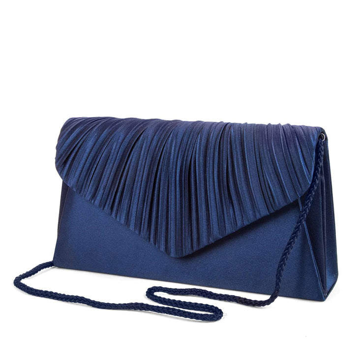 Pleated V-Flap Satin Clutch - Navy - Front