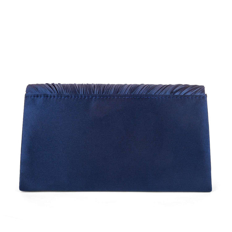 Pleated V-Flap Satin Clutch - Navy - Back