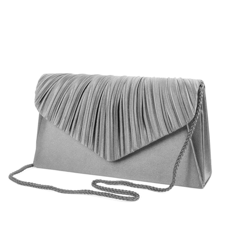 Pleated V-Flap Satin Clutch - Silver - Front